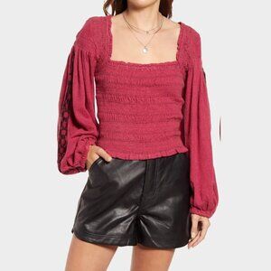 NWOT Free People Embroidered Blouson Sleeve Square Neck Smocked Maggie Top